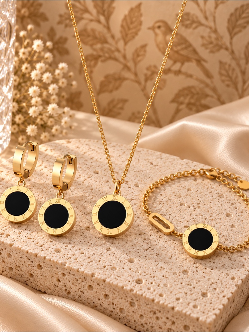 Gold Tone Black Pendant Jewelry Set Necklace Earrings Bracelet Minimalist